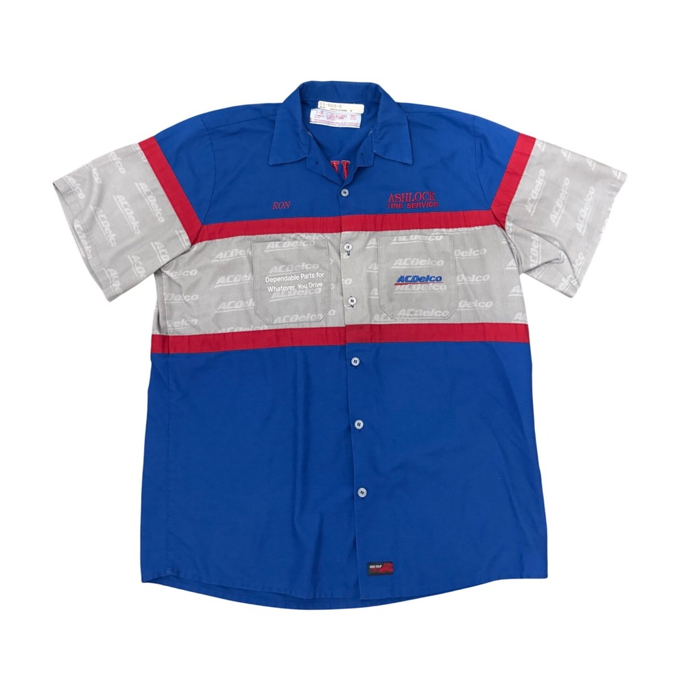 Vintage Ashlock Tire Service Work Shirt Men's Blue Red ACDelco Uniform Ron